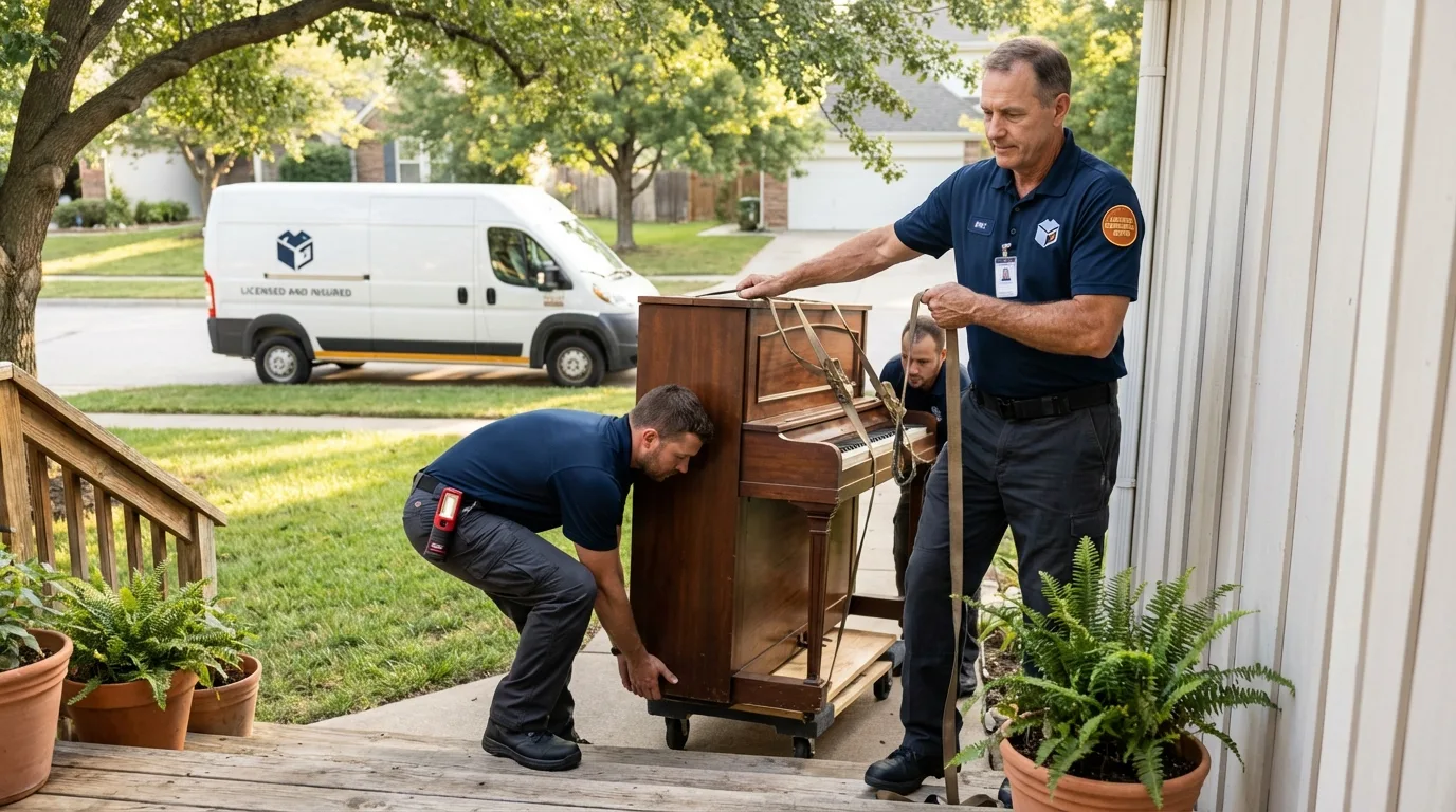 Licensed piano movers securing grand piano in Bodfish, CA