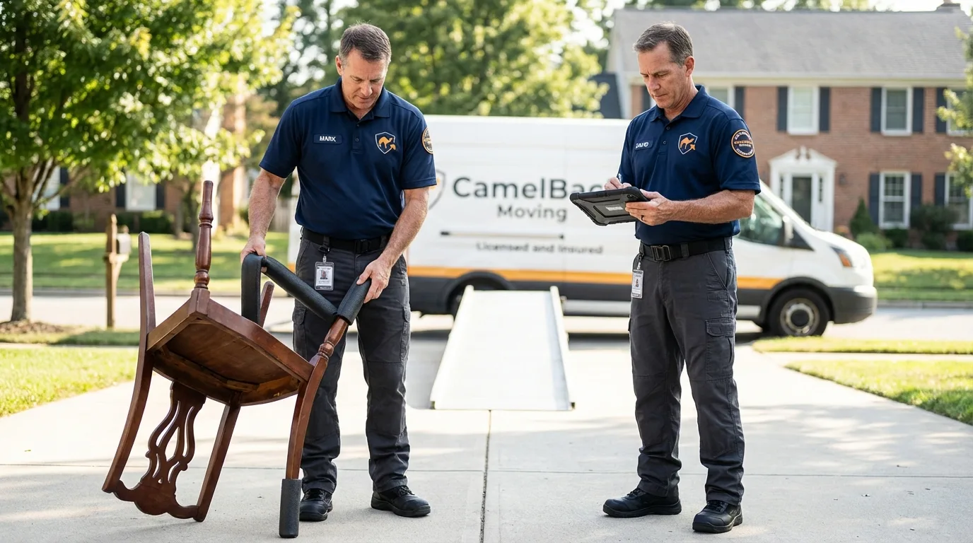 Movers inspecting furniture for damage prevention before loading in Bodfish, CA